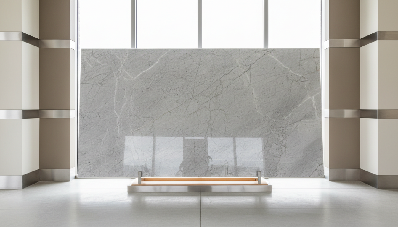 A polished, elegant expanse of light gray marble slab with delicate white veining, showcased on a minimalist display stand in a modern, spotless showroom environment. The background features clean architectural lines and neutral-toned walls, accented by subtle metallic finishes. Soft, diffused natural light from above gently illuminates the marble’s glossy surface, casting understated reflections and crisp, soft-edged shadows. The mood is refined and professional, evoking luxury and timelessness. Shot from a slightly elevated, centered perspective with sharp focus across the slab and slightly softened background, emphasizing structure and balance. The artistic style is photorealistic, with a clean, corporate aesthetic suited to a premium stone supplier’s online presence.